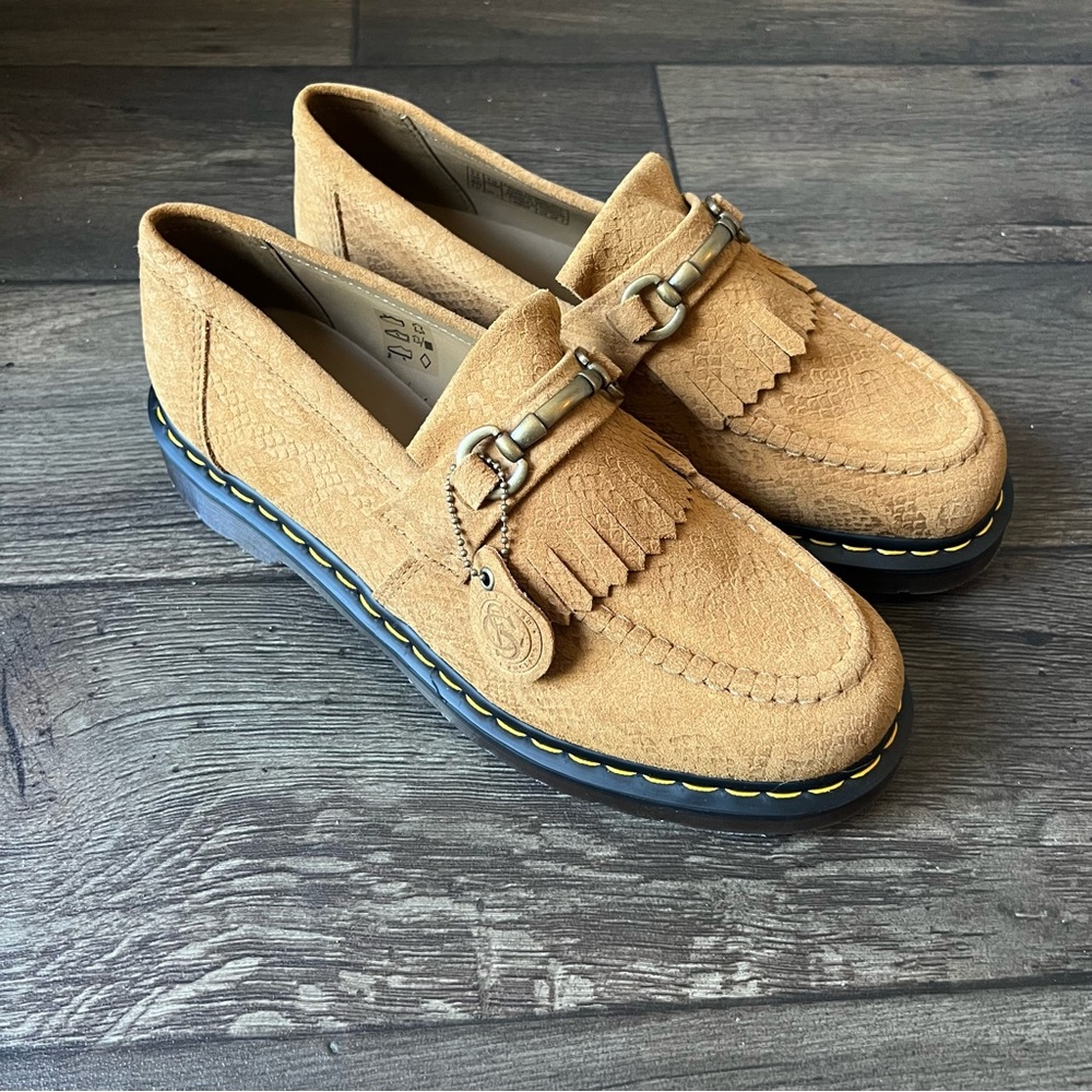 Dr. Martens Tan Suede Kiltie Loafers with Brass Bit